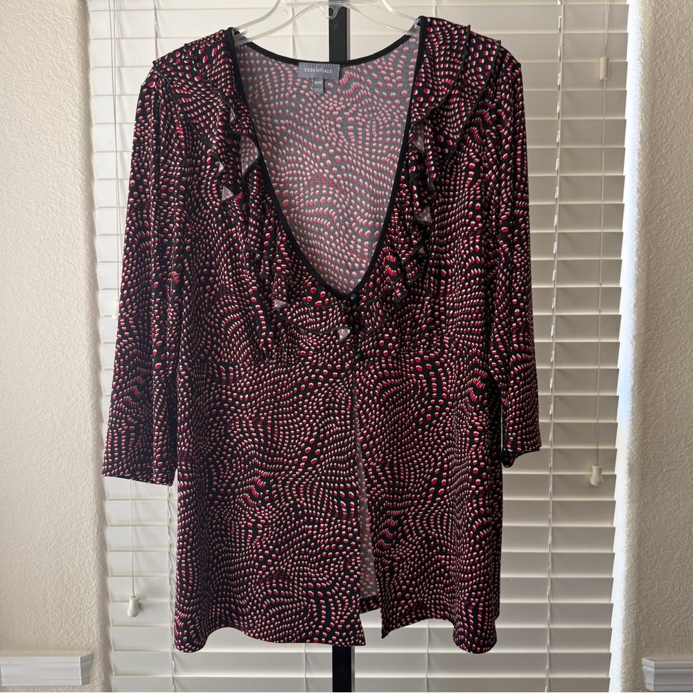 Essentials Mod Dot Ruffle Button Tunic Layering Cardigan Black Red Womens 18/20